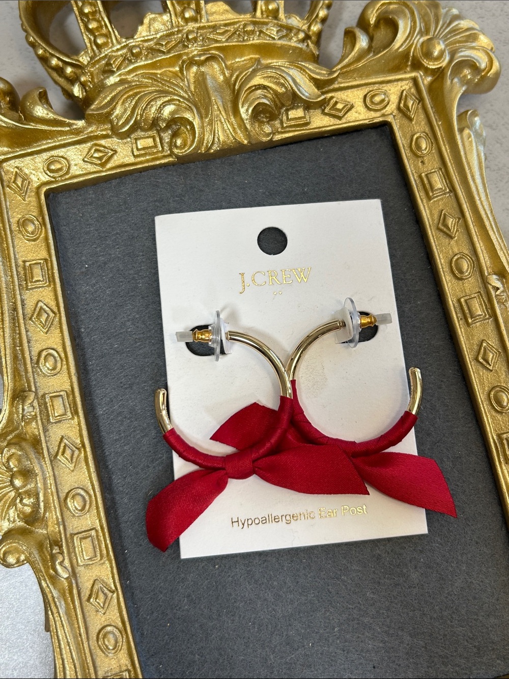 J. Crew Gold Hoop Earrings with Red Ribbon Ties - Picture 3 of 6